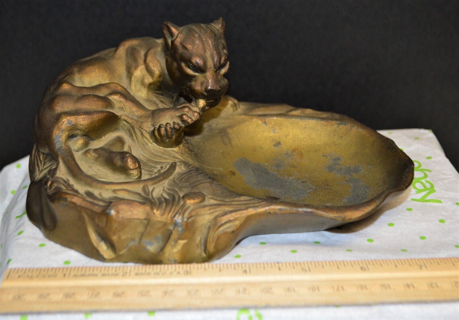 Neat Metal Art Deco Lion Tiger Cougar Panther Coin Key Dish Ashtray Gold Paint