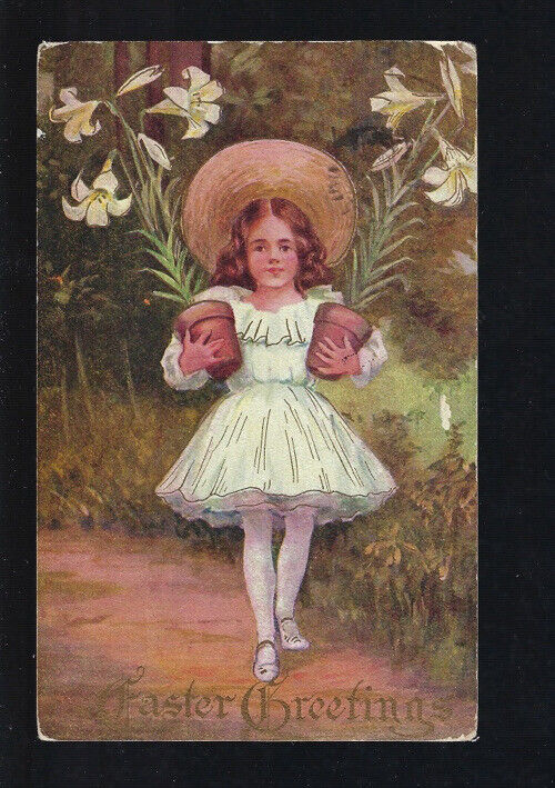 c.1909 Easter Greetings Girl Holding Pots Lillies Flowers J. Thomas Postcard