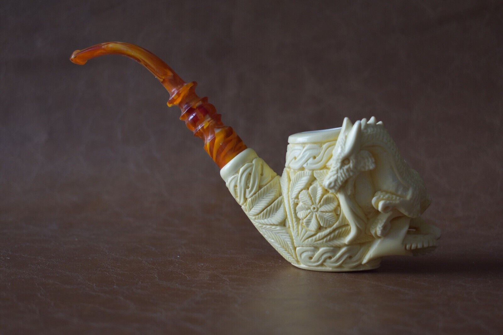 Ornate Bowl Dragon Pipe By Ali Handmade  Block Meerschaum-NEW W CASE#1698