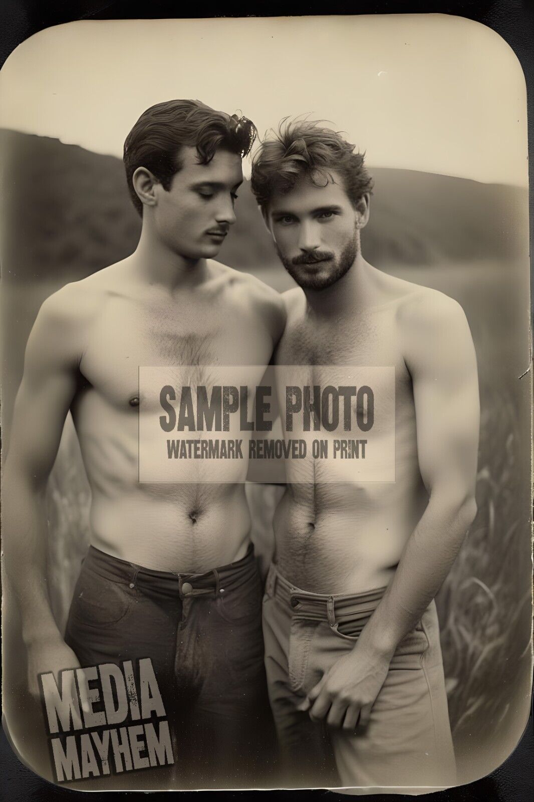 Two Shirtless Men Embracing In Love in Field Print 4x6 Gay Interest Photo #116