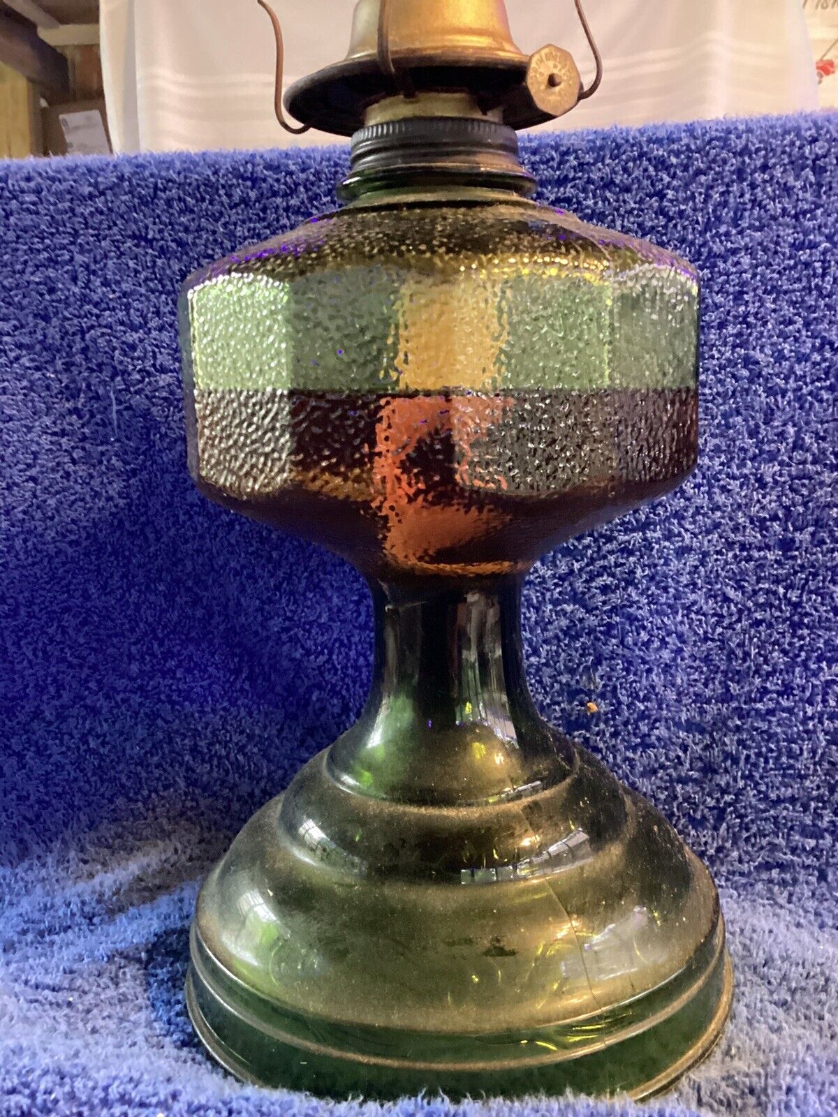 Vintage Hurricane Oil /Kerosene  Lamp. Etched Green Glass 12 Inches Tall W/O Lam