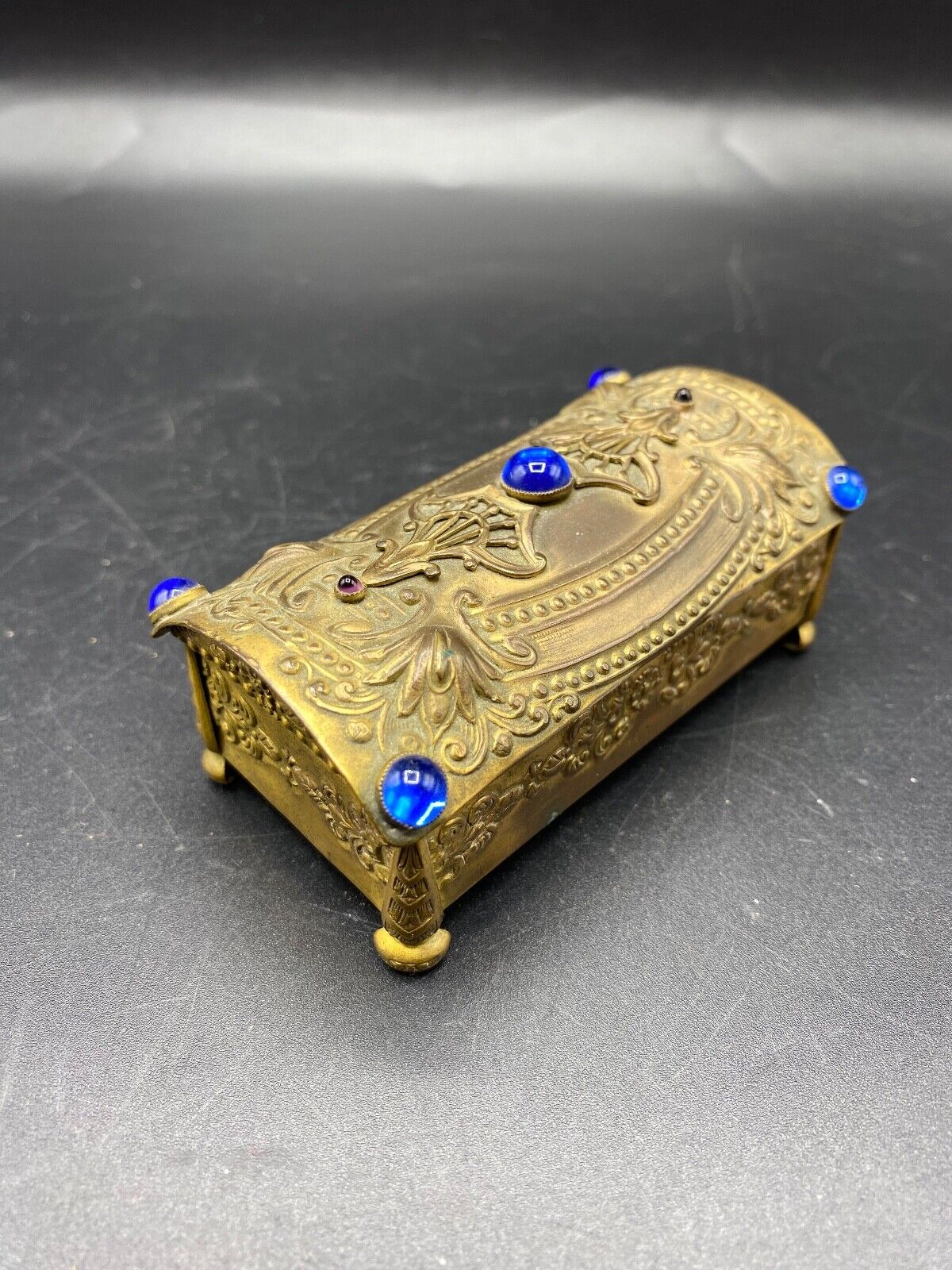 Antique Bohemian dome top Gold gilded Ormolu Filigree jeweled brass dresser box