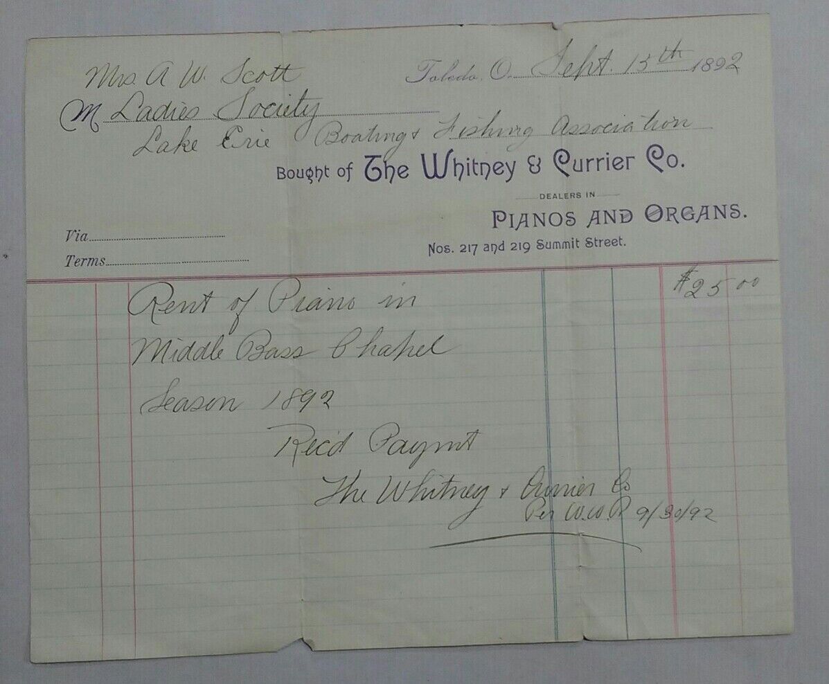Vtg 1892 Whitney & Currier Co. Piano Organ Receipt Toledo, OH Boating Fishing