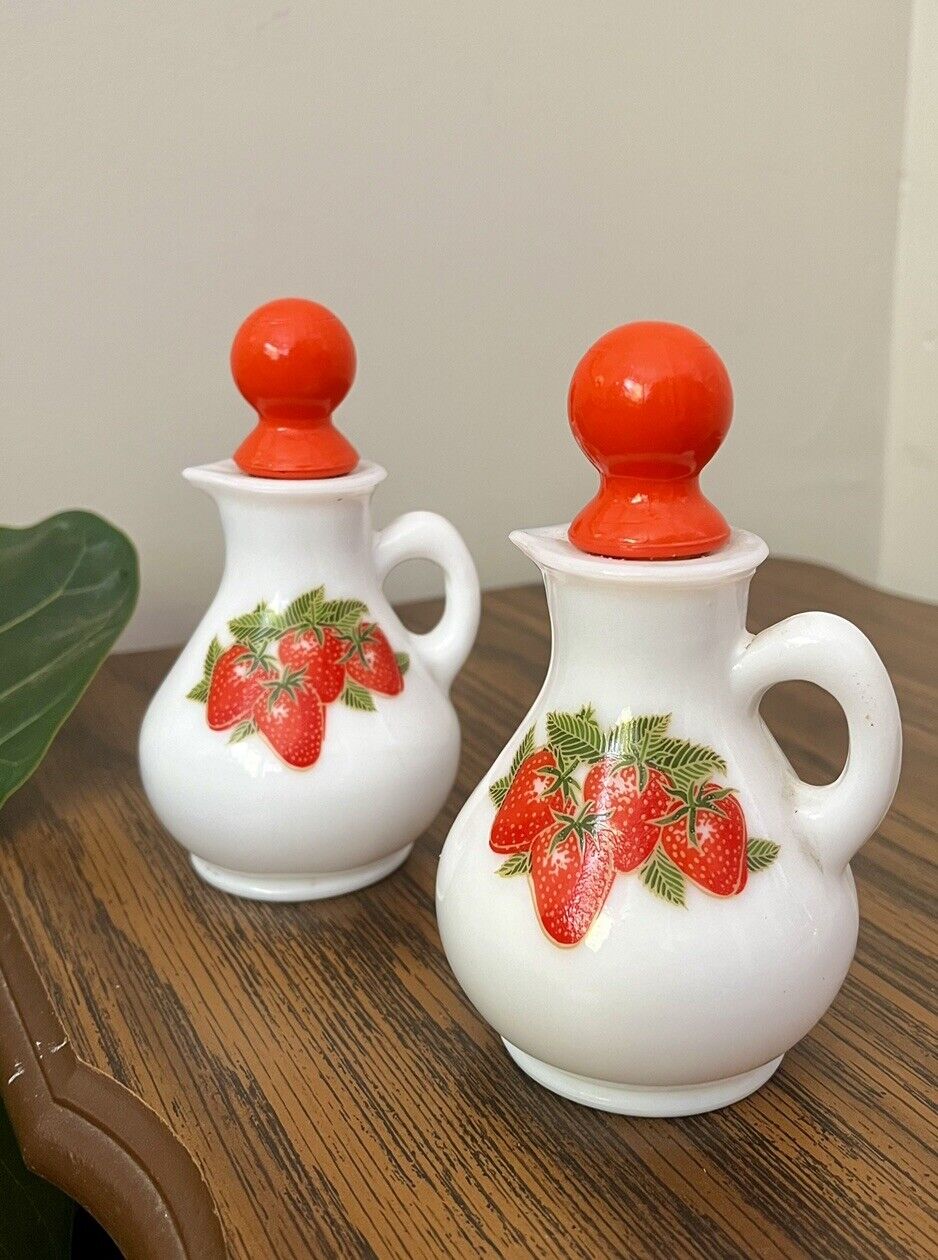 Two Vintage AVON Milk Glass Strawberry 4oz Cruet Pitcher Bottle & Stopper