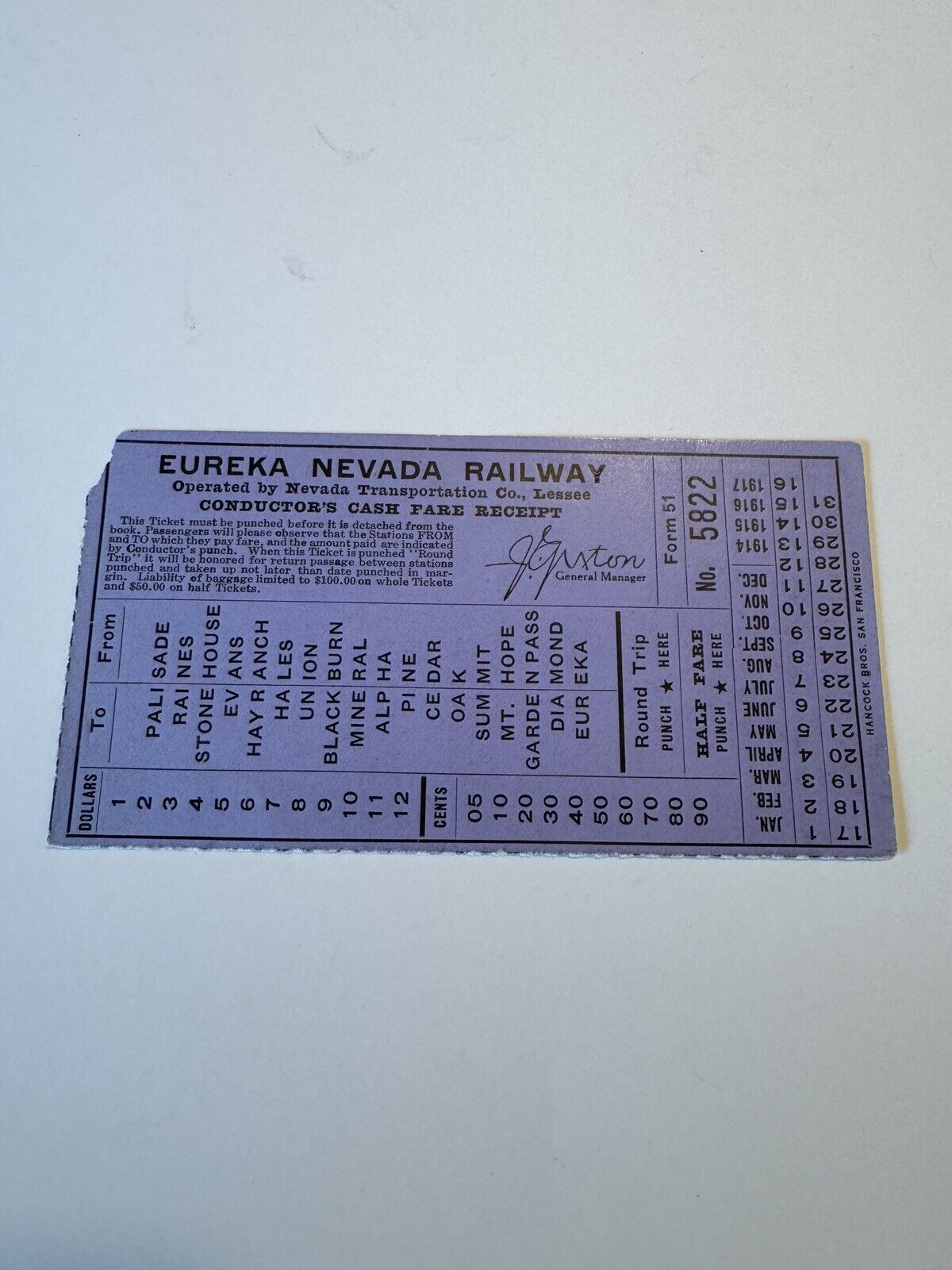 EUREKA NEVADA RAILWAY - 1914 Conductor\'s Cash Fare Receipt # 5822 - E. N. Ry.
