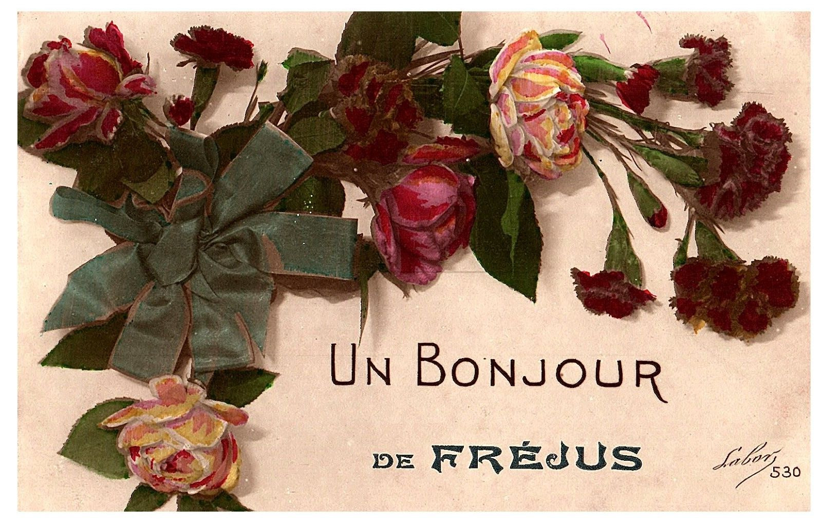Un Bonjour de Frejus Floral Antique French Postcard & Letter 1909
