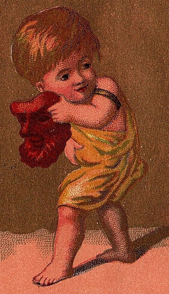 1870s-80s Child Holding Mask Soapine Victorian Trade Card Kendall Mfg. Co