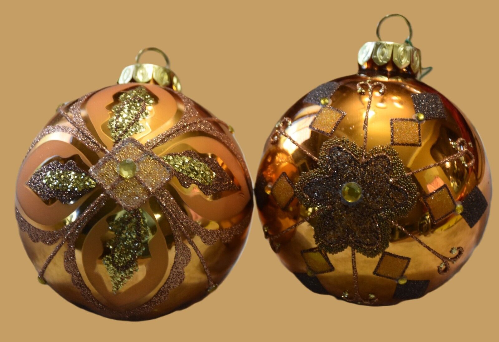 2 Gold Christmas Tree Embellished Bling Sparkle Glass Ornaments Hand Painted 4\