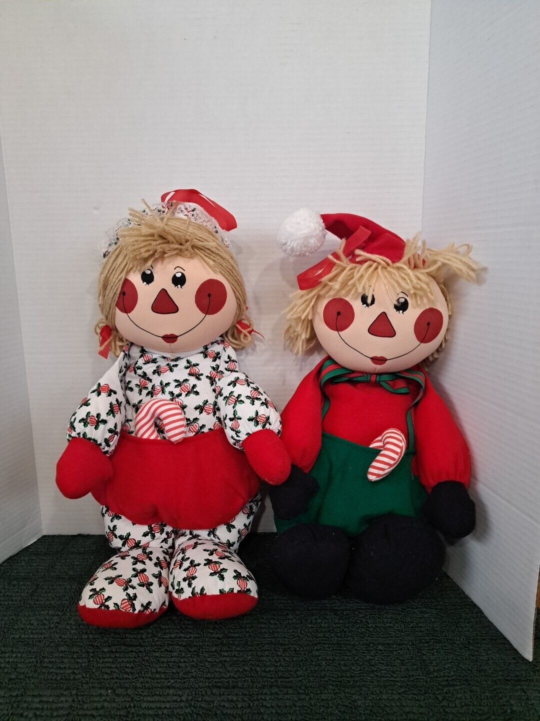 Pair Vintage Santa's Best Cloth Dolls Christmas Candy Cane Raggedy Plush