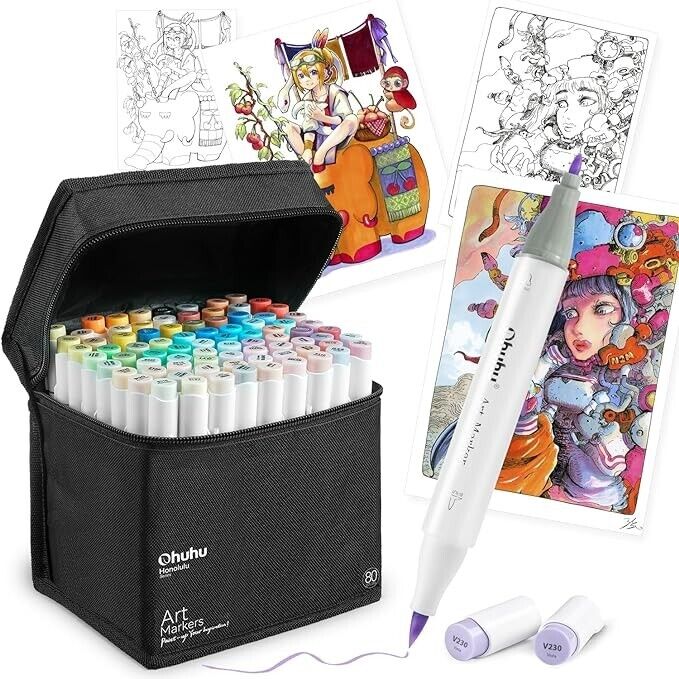 Ohuhu Illustration Markers  80 Colors Brush Type & Fine Tip w/Blender Pen +Bonus