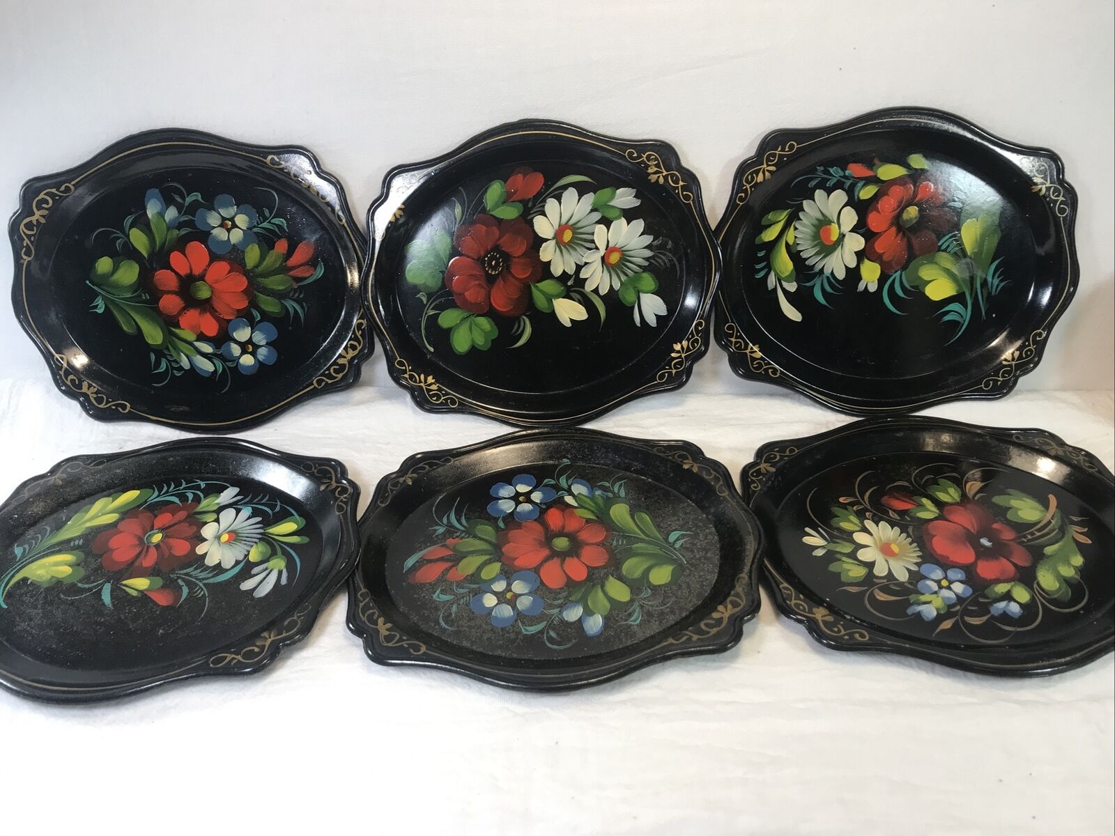 6 Vintage Zhostovo Soviet Russian Hand Painted Flowers Toleware Trays Yeha