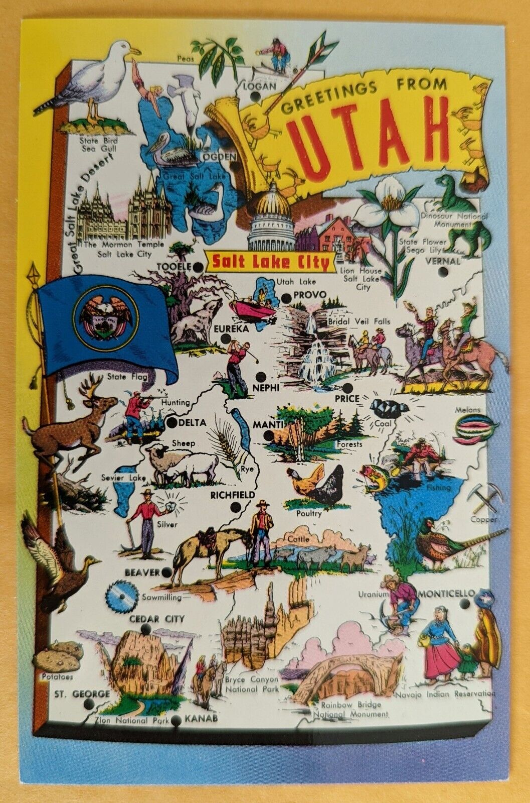 Vintage Postcard UT: State Map Utah 