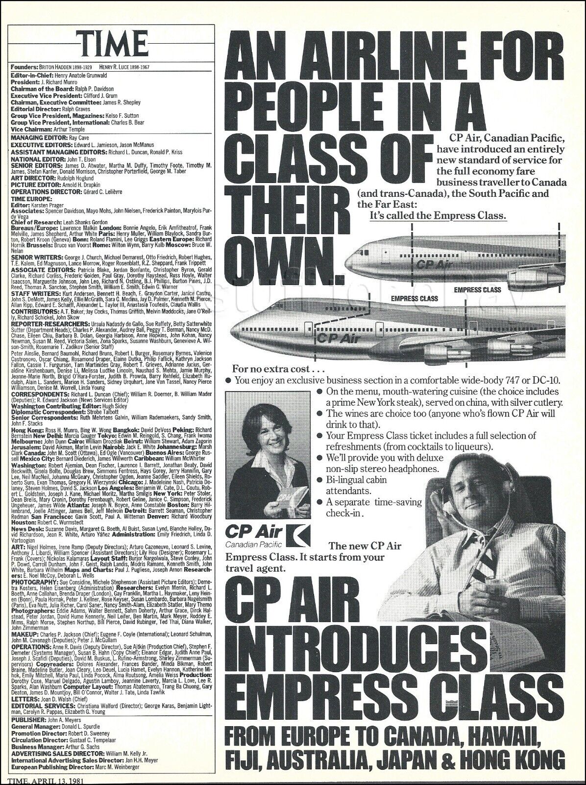 1981 CP AIR Canadian Pacific Airlines NEW EMPRESS CLASS B747 DC-10 ad advert