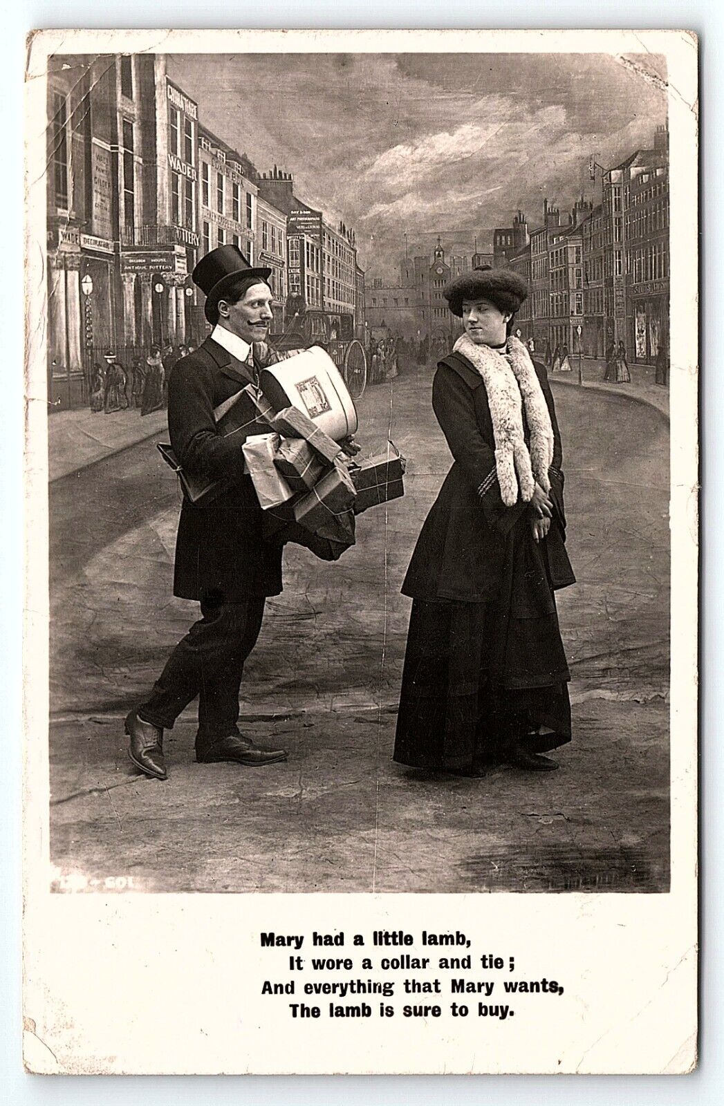 1909 COMICAL RICH MAN BUYING LOTS OF PRESENTS FOR LADY POEM RPPC POSTCARD P3191