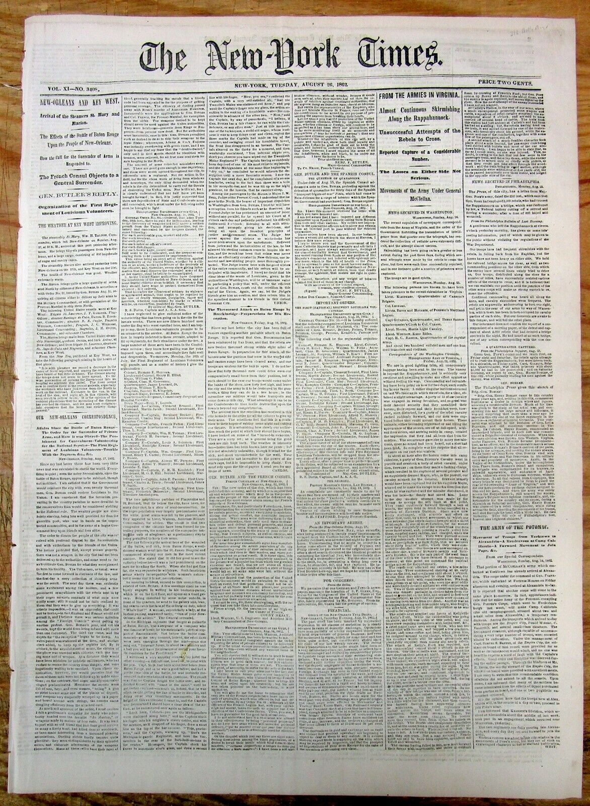 1862 NY Times newspaper with a DESCRIPTION of female CONFEDERATE SPY BELLE BOYD