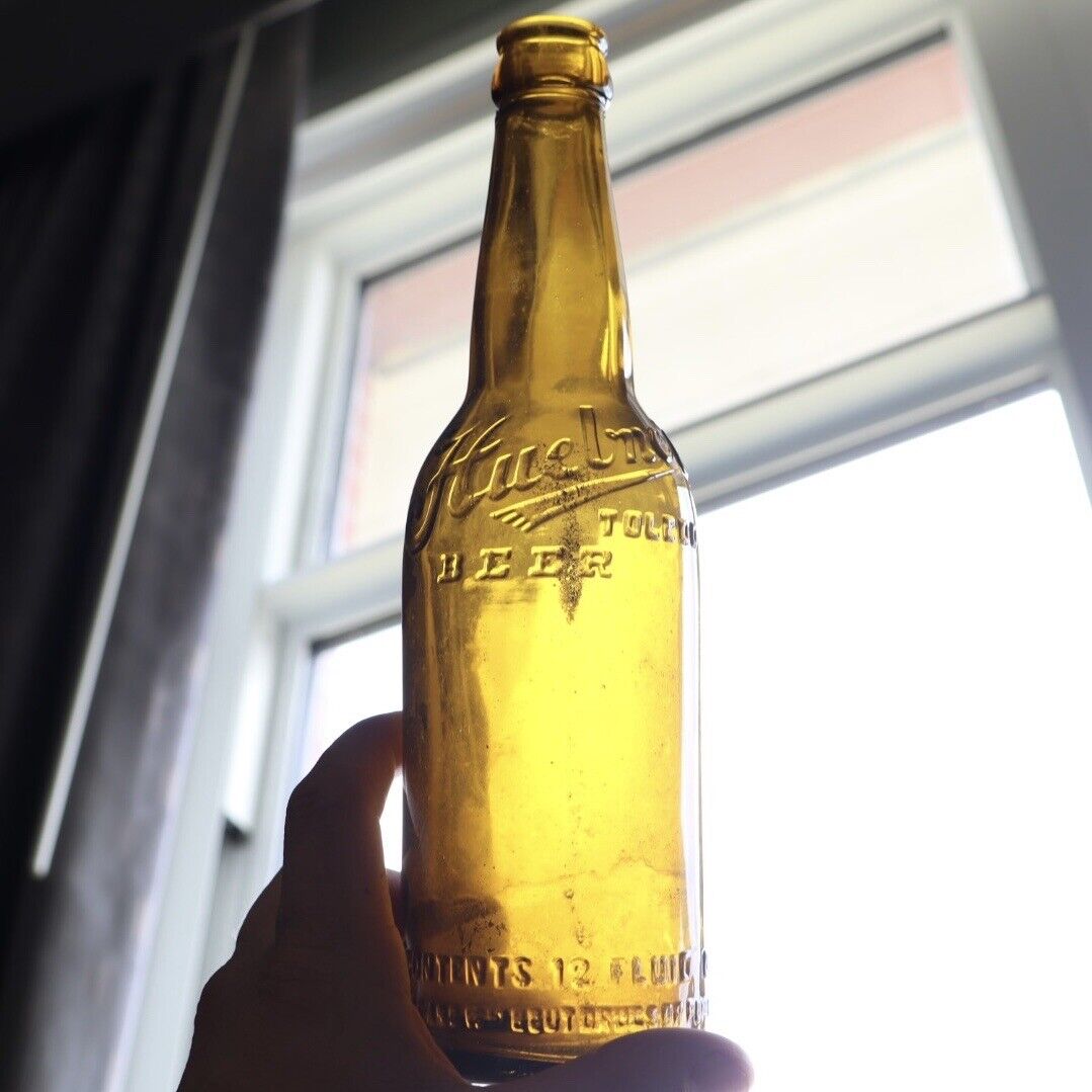 Antique Golden Amber 12oz Huebner Beer Bottle Toledo Ohio Crown Top Yellowish 
