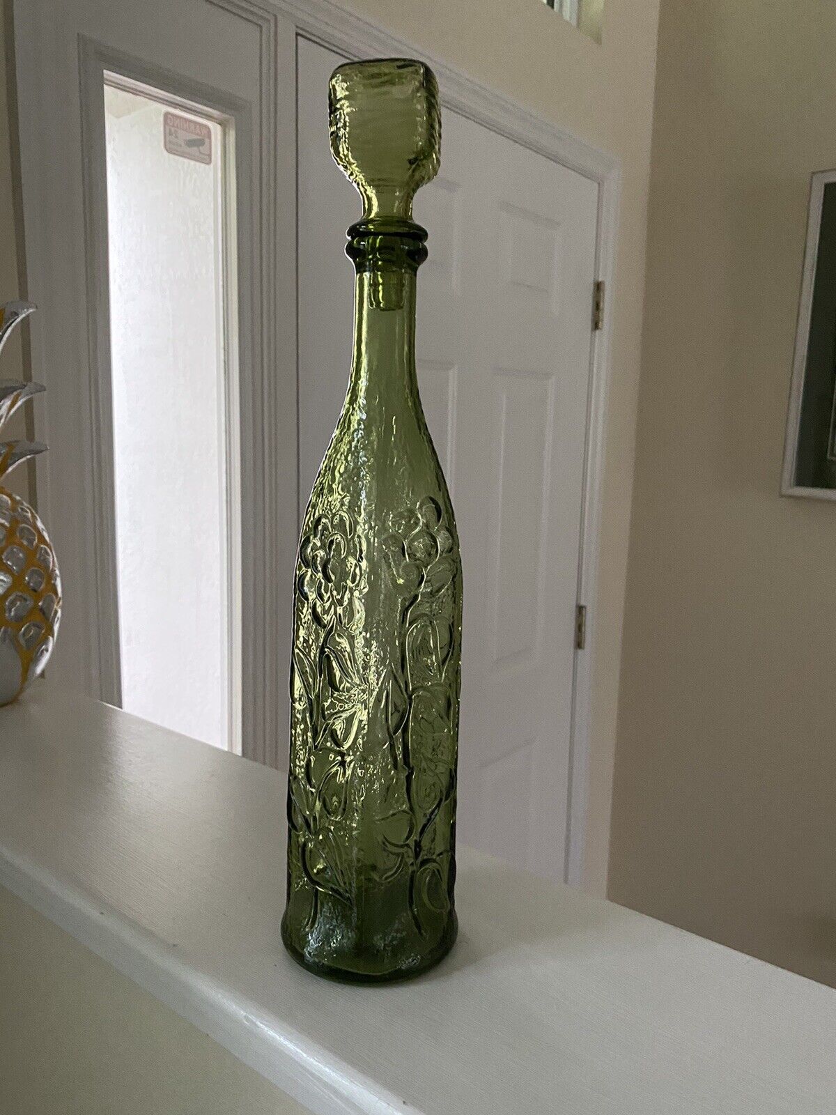 Rossini Empoli MCM VINTAGE ITALY Green GLASS Floral DECANTER BOTTLE 17 Inches