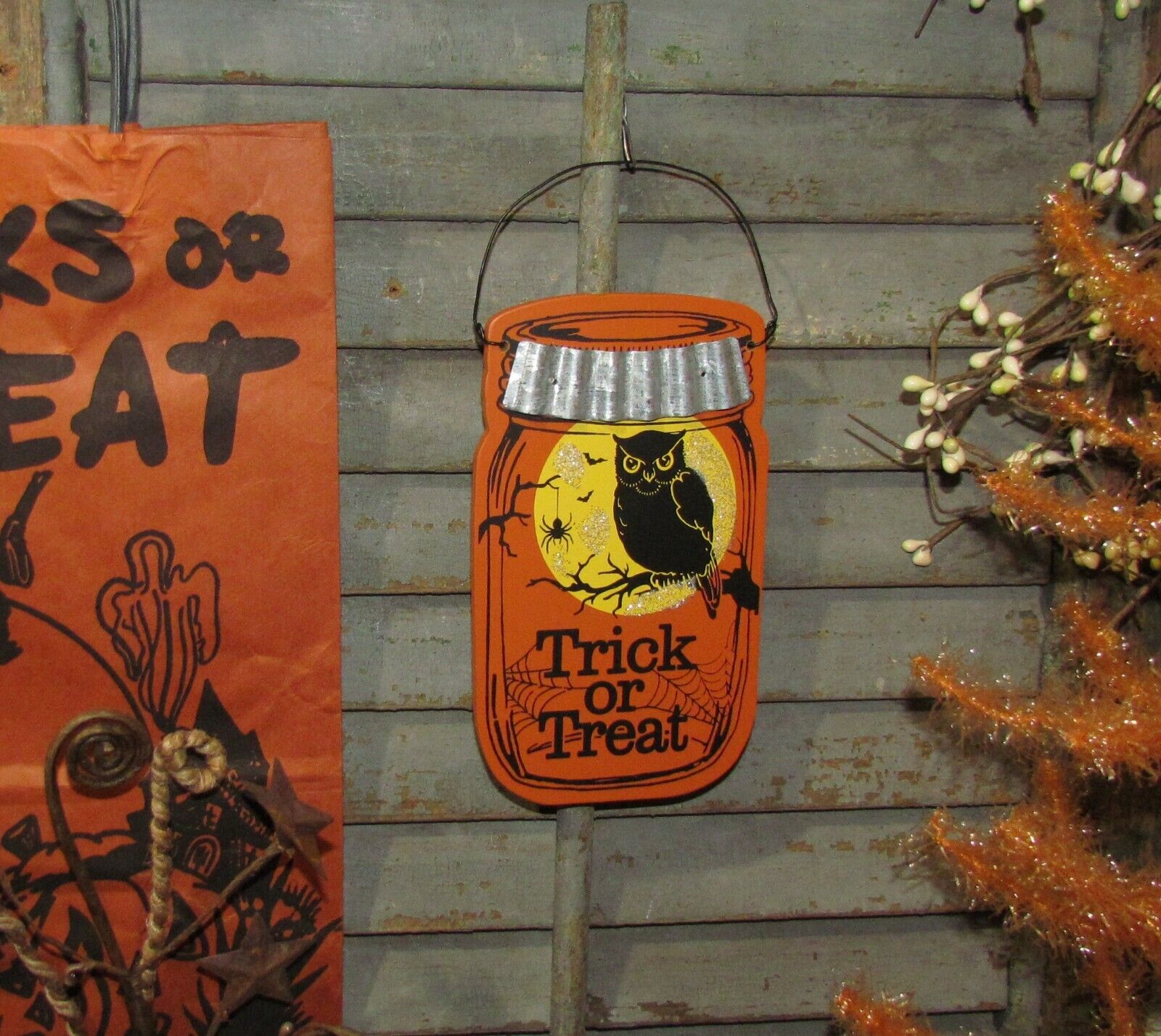 Prim Antique Vtg Style Spooky Trick or Treat Owl Spider Halloween Scary Jar Sign