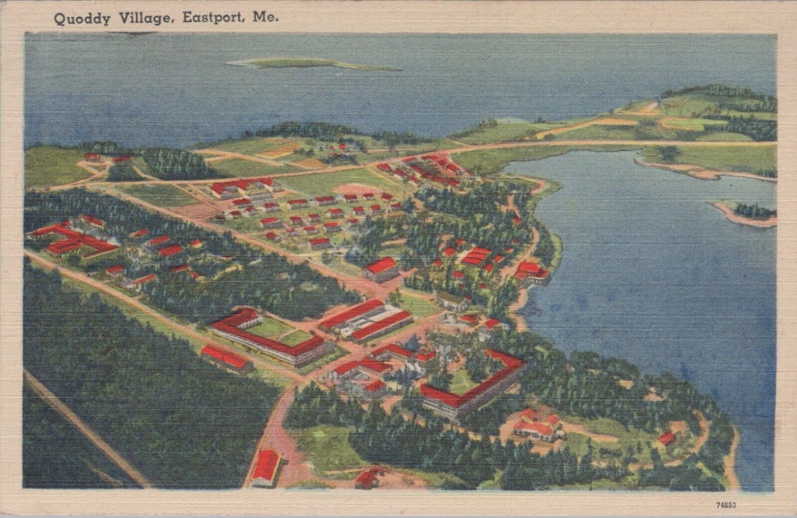 Eastport Maine Quoddy Village Aerial View Unposted Linen Postcard