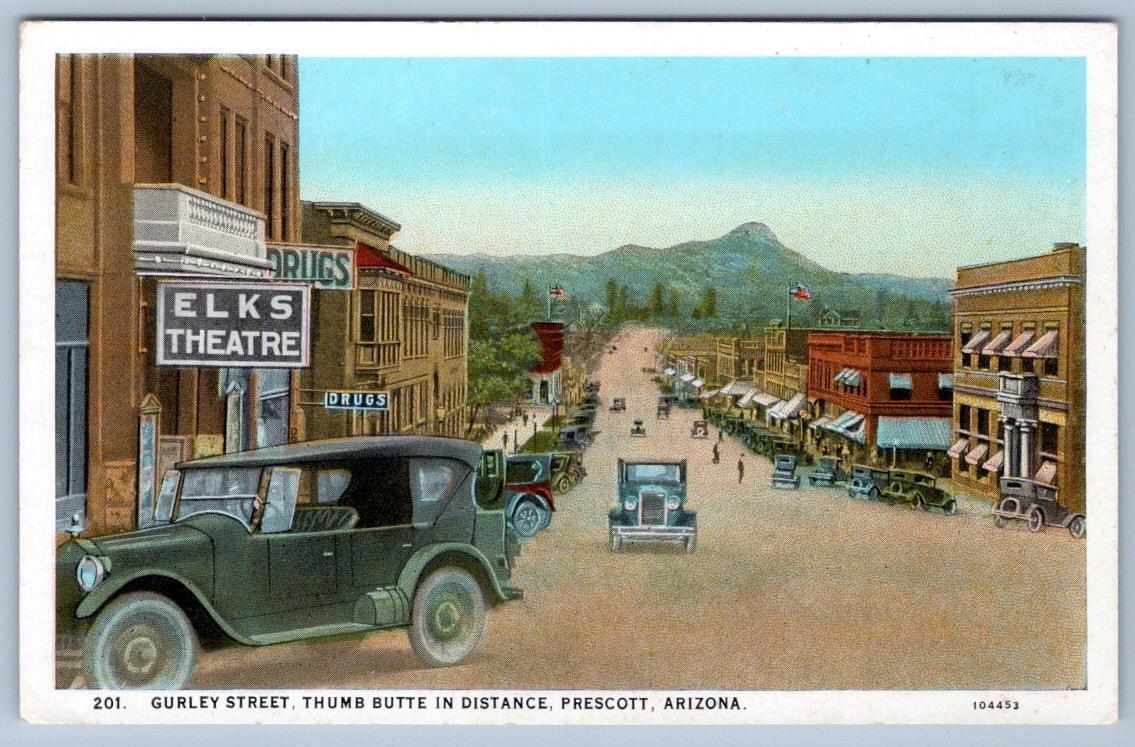 1920\'s PRESCOTT AZ GURLEY STREET ELKS THEATRE DRUG STORE THUMB BUTTE POSTCARD