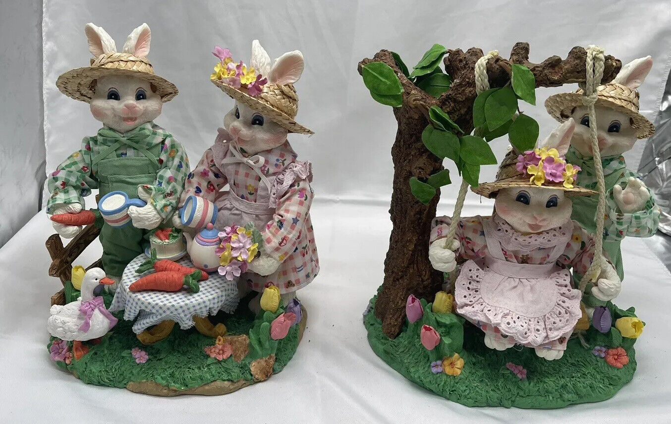 Set of 2 Spring Bunnies Fabric Mache Swinging & Picnicking Easter Spring w/Box