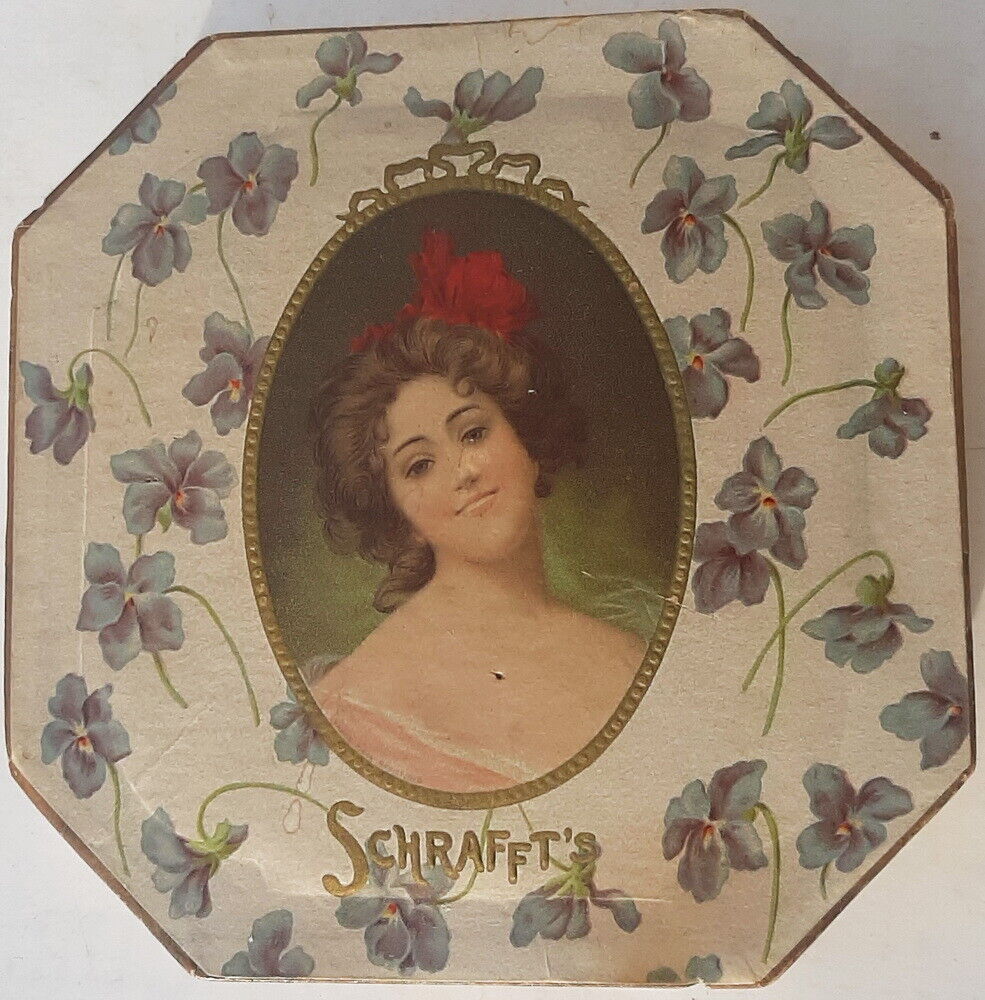 Octagon Shaped Victorian Pretty Girl Schrafft's Chocolates Box, Original Paper
