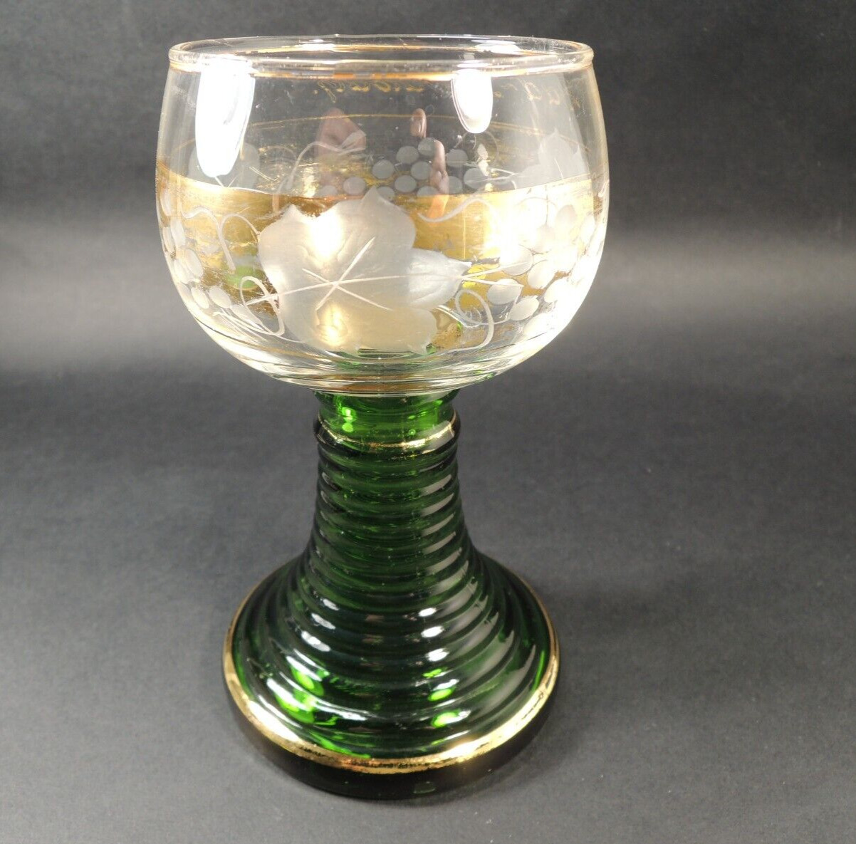 Vtg.German Romer Wine Green Glass Goblet Grape Engraved, 1960s