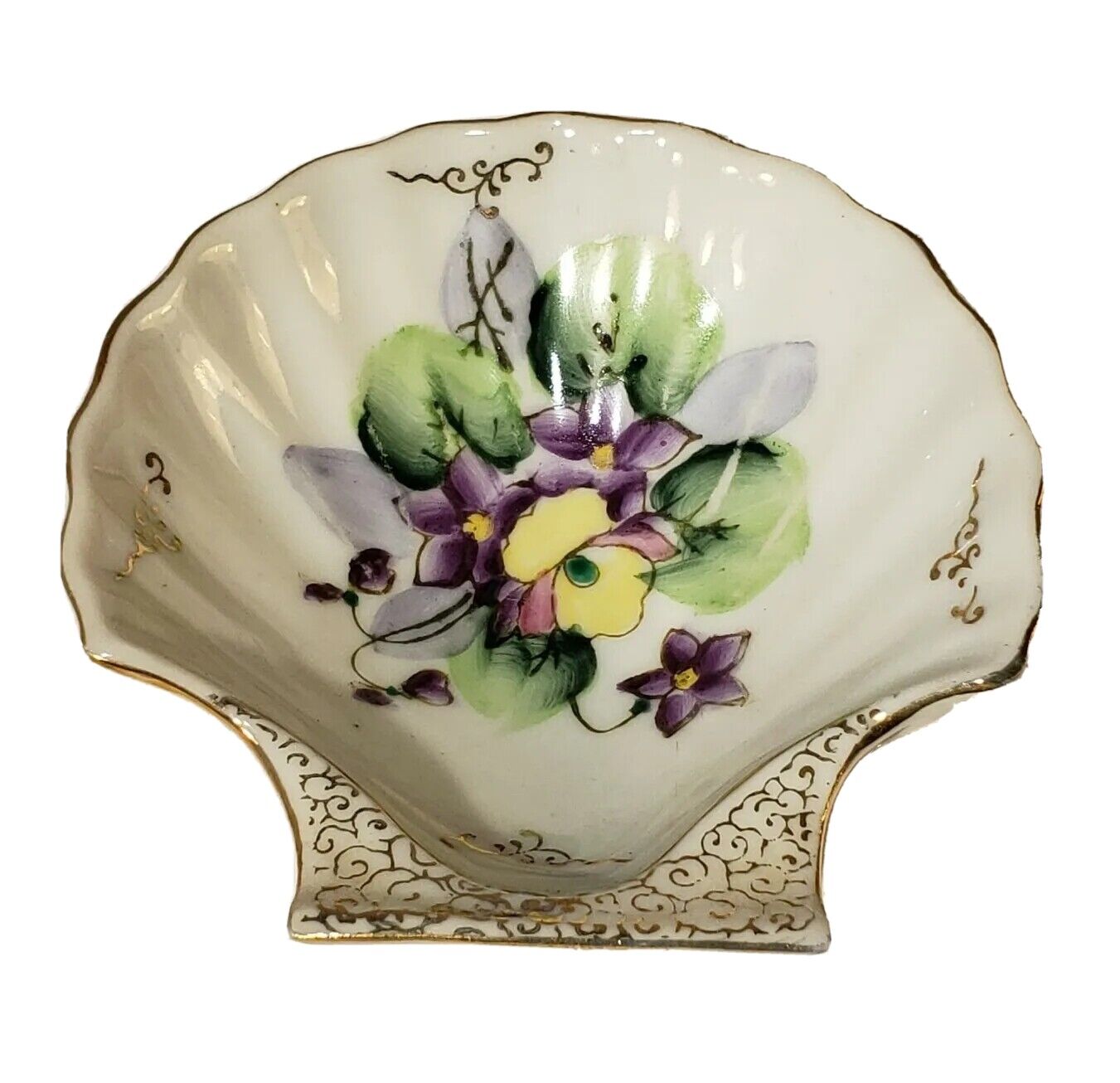 Vintage Rossetti Chicago Handpainted Violets Ceramic Shell Trinket Dish Japan 