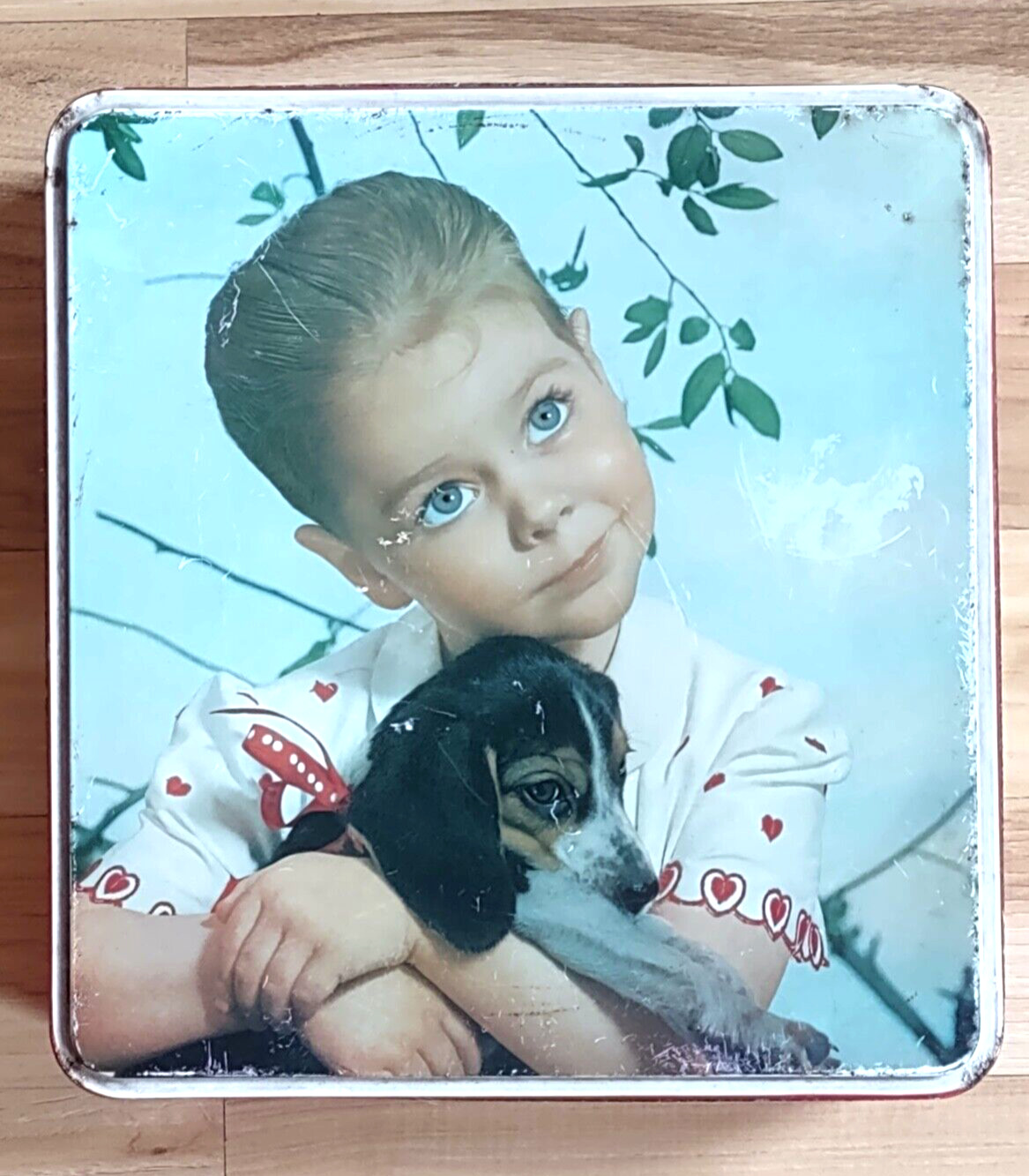 Vintage Cookie Tin 1940\'s 9 by 8 Inches Girl Holding Dog Vintage Tin