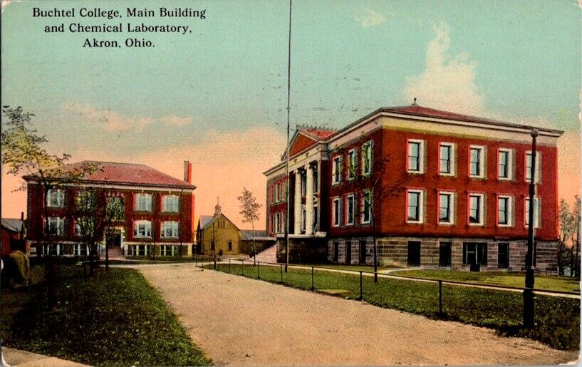 Postcard Buchtel College Main Building & Chemical Laboratory Akron OH Ohio F-614