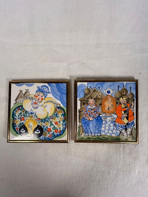 Vintage Russian Ceramic Wall Art Tiles Hand Painted Soviet USSR Tea Time Signed