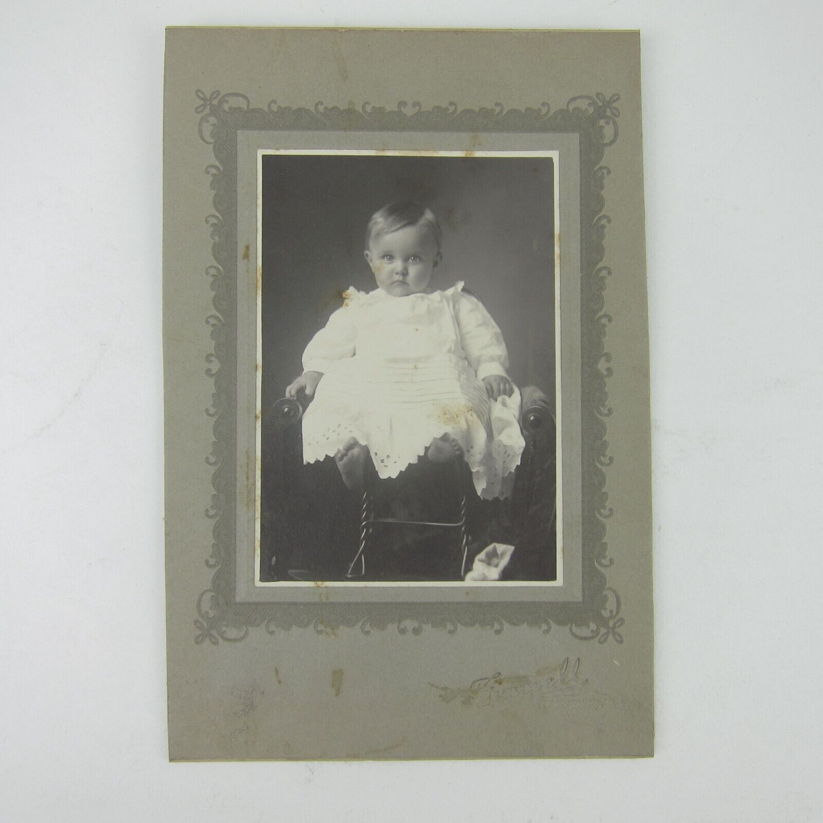 Cabinet Card Photograph Baby in White Sits Chair Finnell Gettysburg Ohio Antique