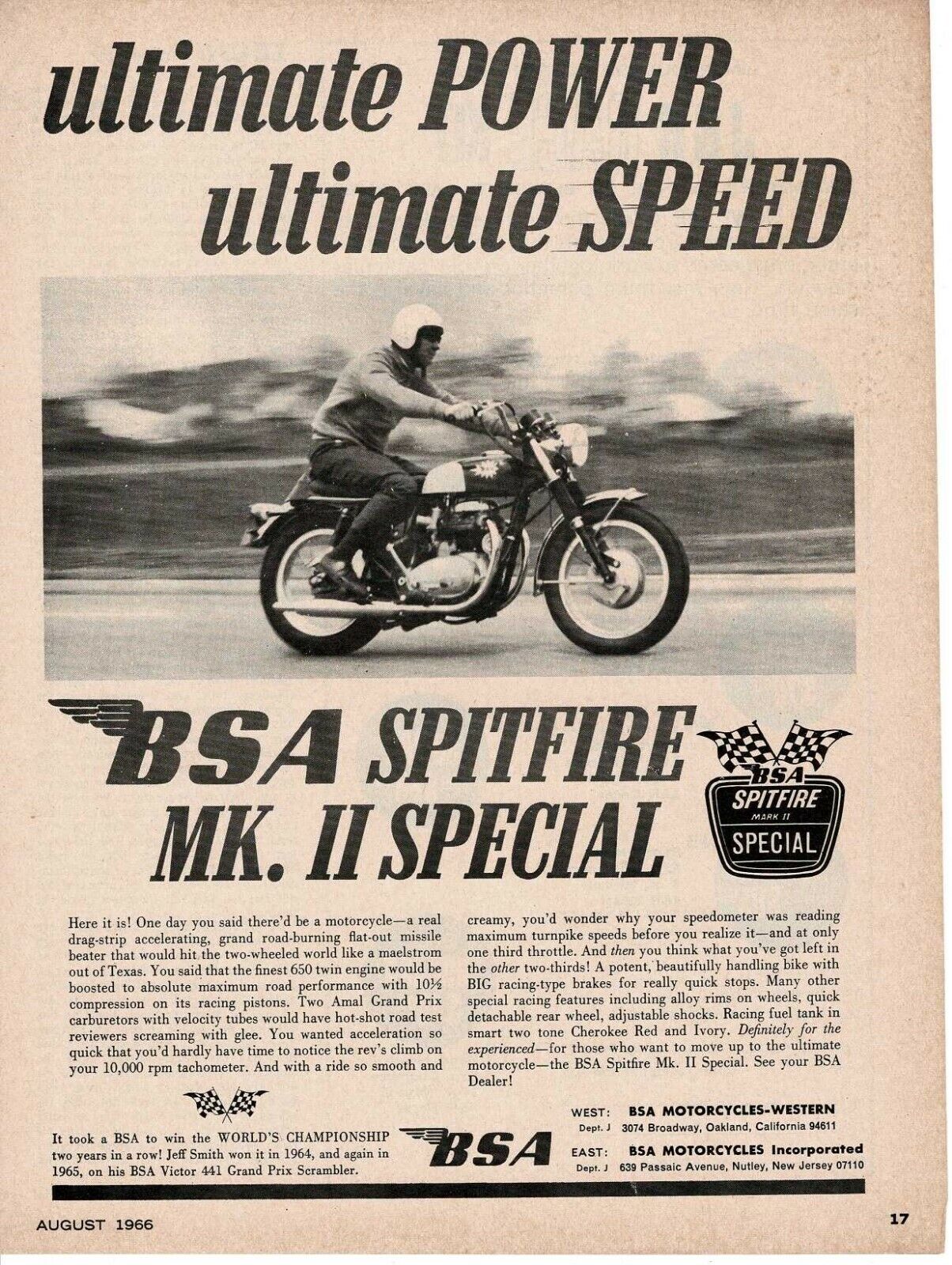 1966 BSA Spitfire MK II Special Motorcycle Vintage Ad 