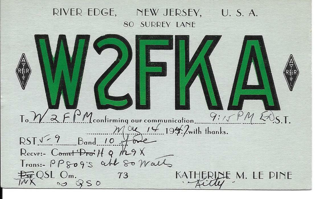 QSL  1947 River Edge NJ   YL   radio card   