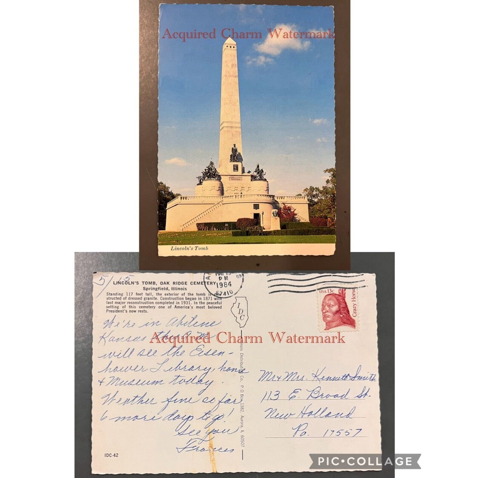 Vintage Postcard, Lincoln's Tomb, May 15, 1984