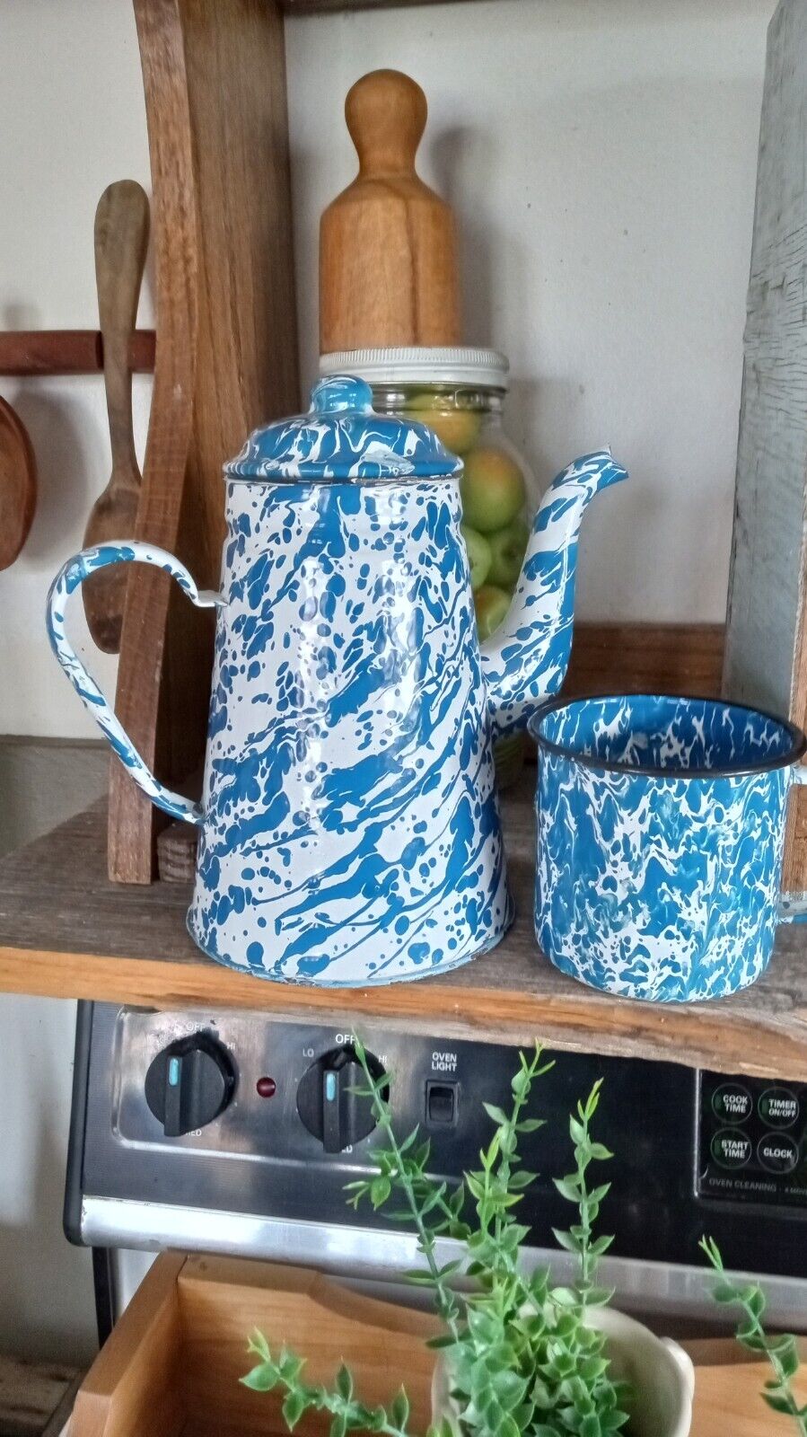 Vintage Lot 2 Old Blue White Swirl Spatterware Coffee Pot Enamelware & Cup Mug