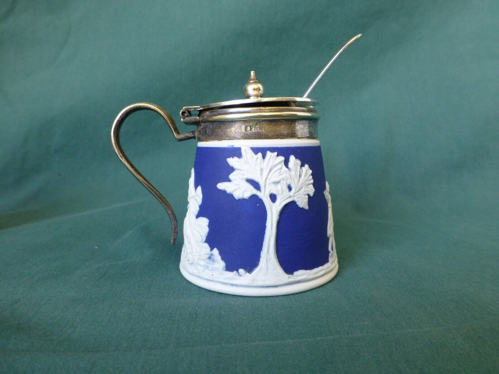 Vintage  Wedgwood Mustard Jar or Condiment Jar with Silver Plated Cover & Spoon