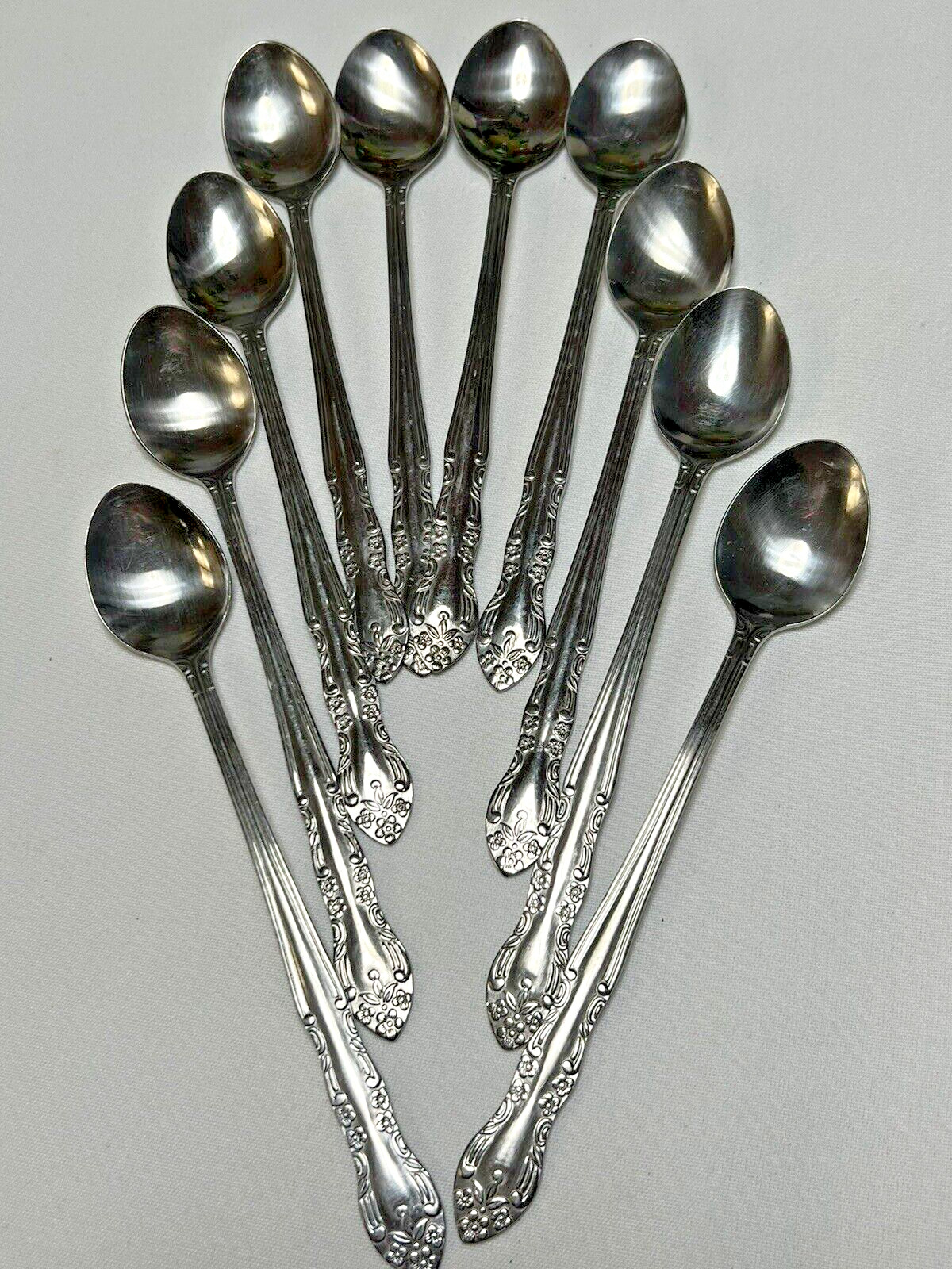 Vintage Imperial Stainless Steel Fleurette Ice Tea Spoons Set of 10
