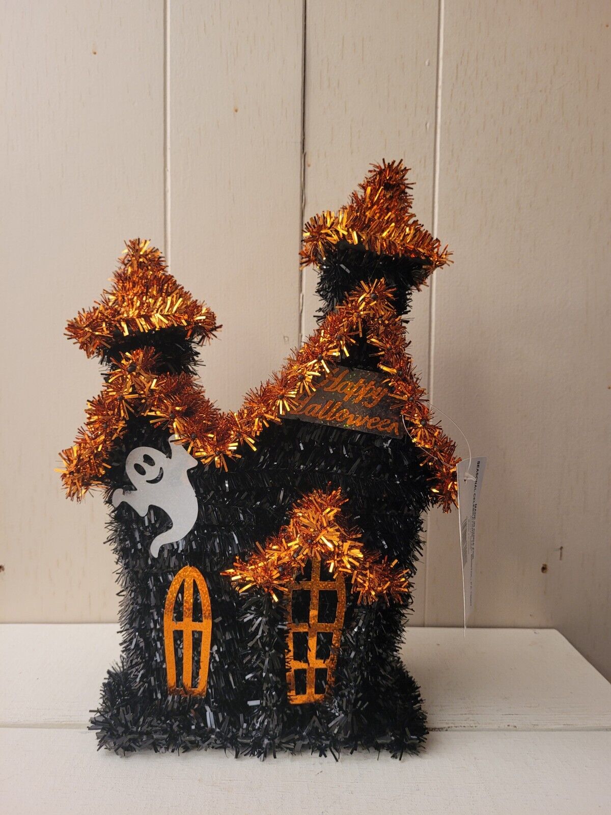 Tinsel Halloween House Tabletop Decoration 13 Inches Tall Brand New Orange Black