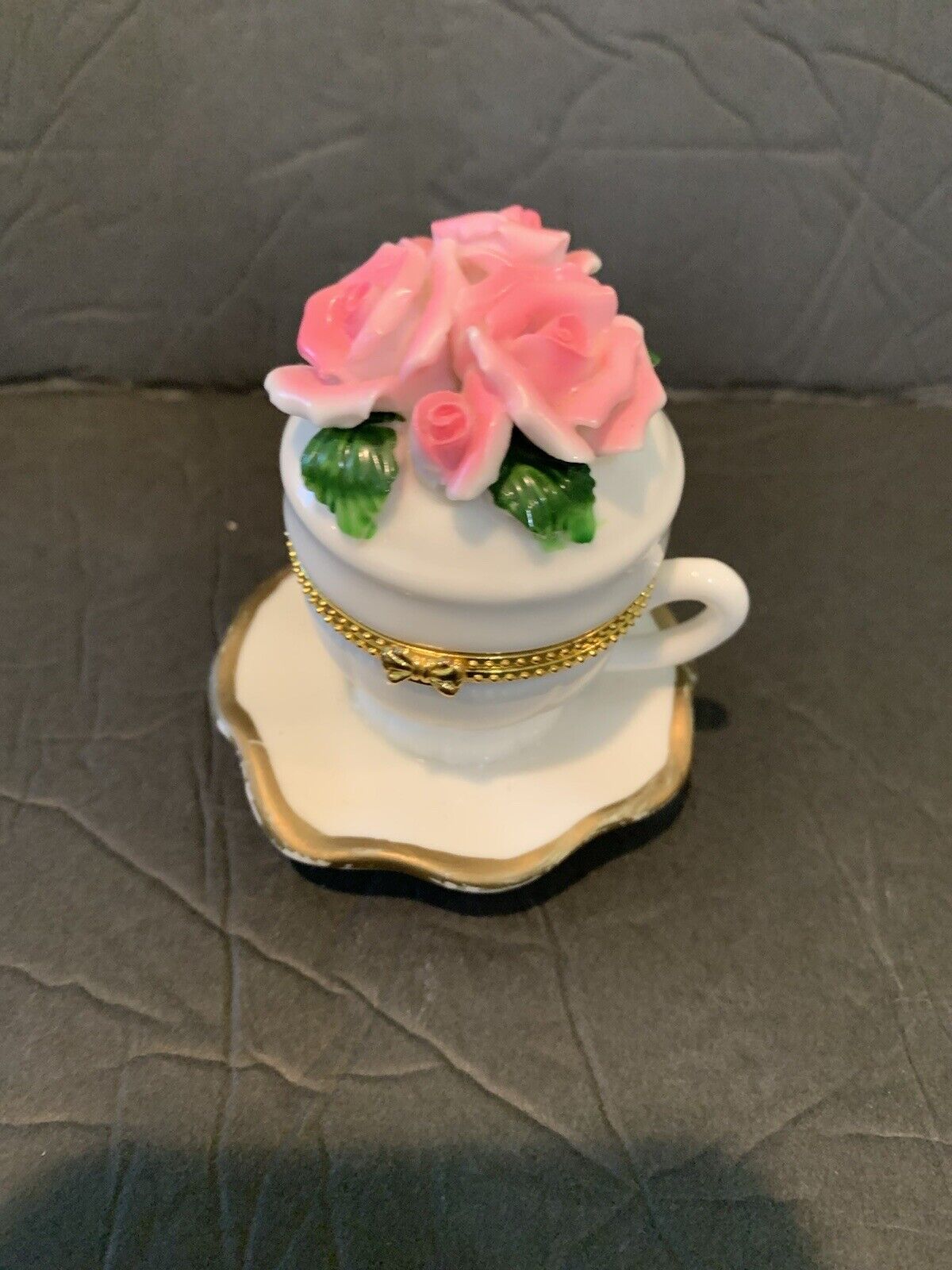Vintage Tea Cup & Saucer Trinket Box w/ Pink Roses And Butterfly on Inside
