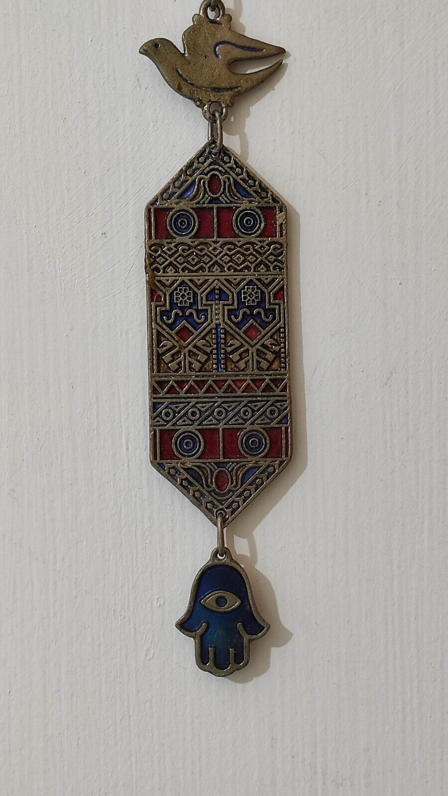 Vintage enameled Judaica Hamsa hanging wall Amulet Middle East (br05)