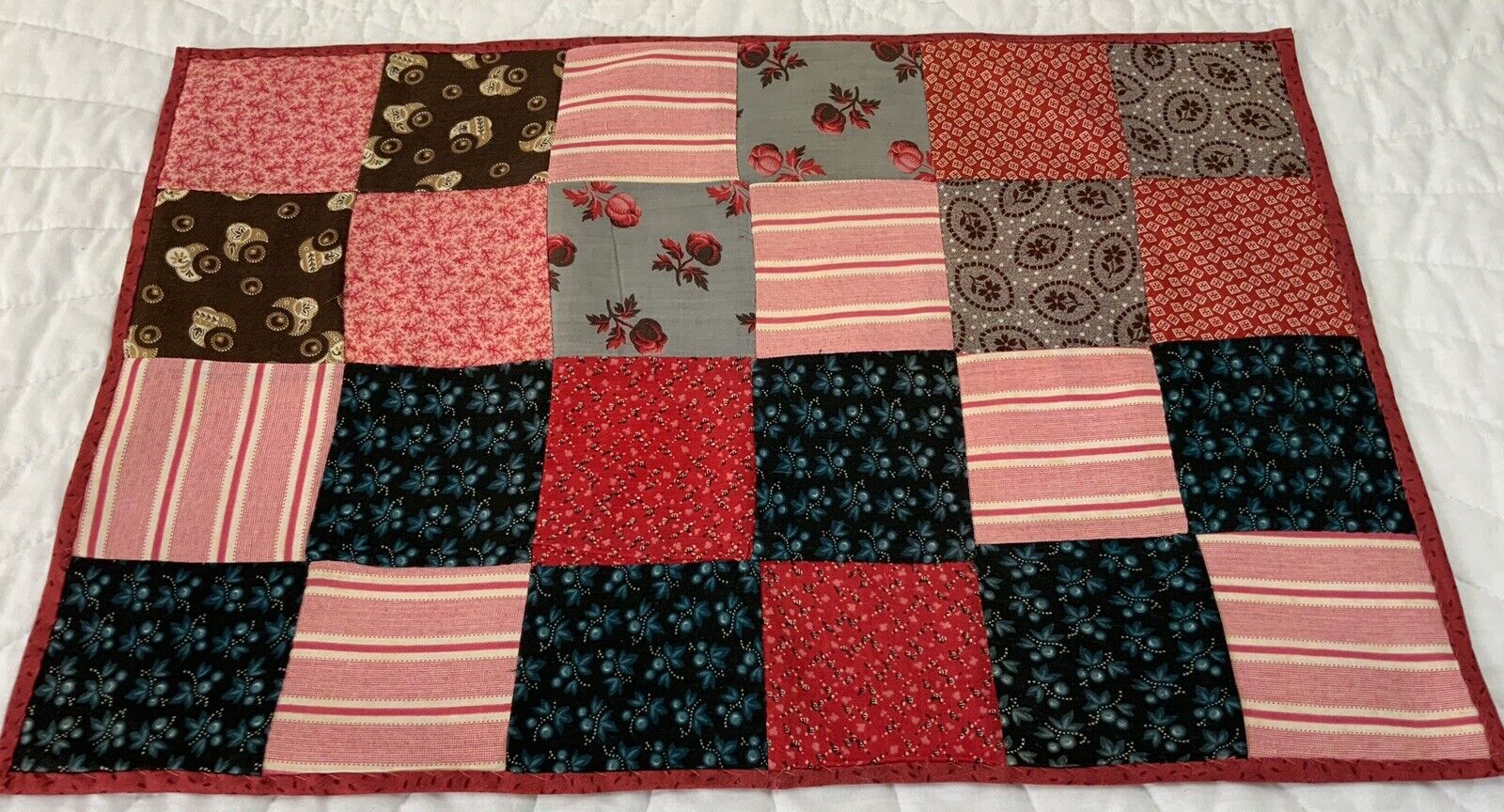 Vintage Antique Quilt Table Topper, Four Patch, Early Calico Prints, Pink, Red