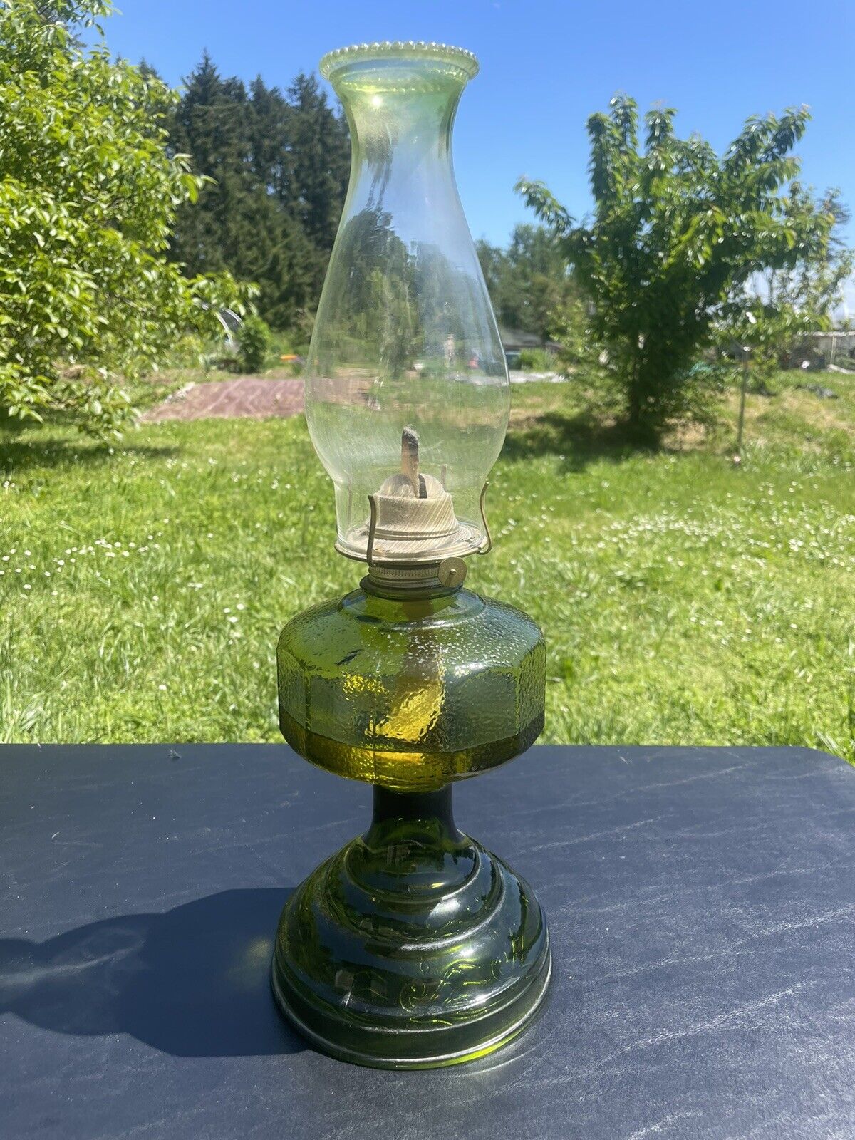 VINTAGE PLUME & ATWATER Olive Green GLASS OIL LAMP