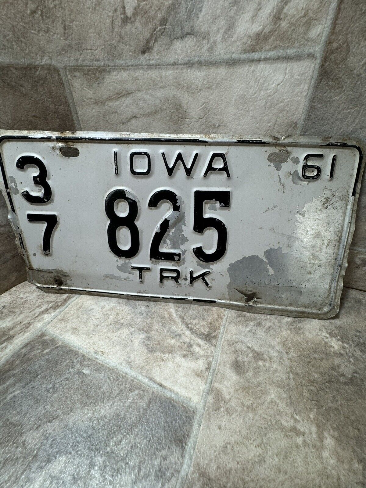 Vintage 1937 Iowa TRK License Plate White Black, Distressed With Patina, See Pic