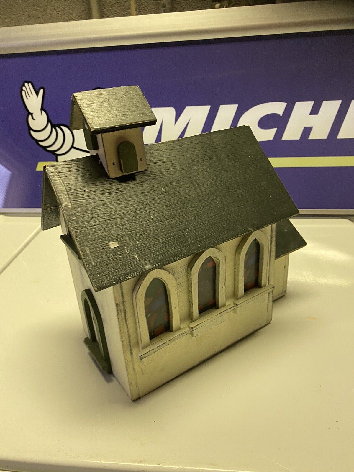Decorative Wooden Church birdhouse . Stained Glass Windows And Storage Drawer.