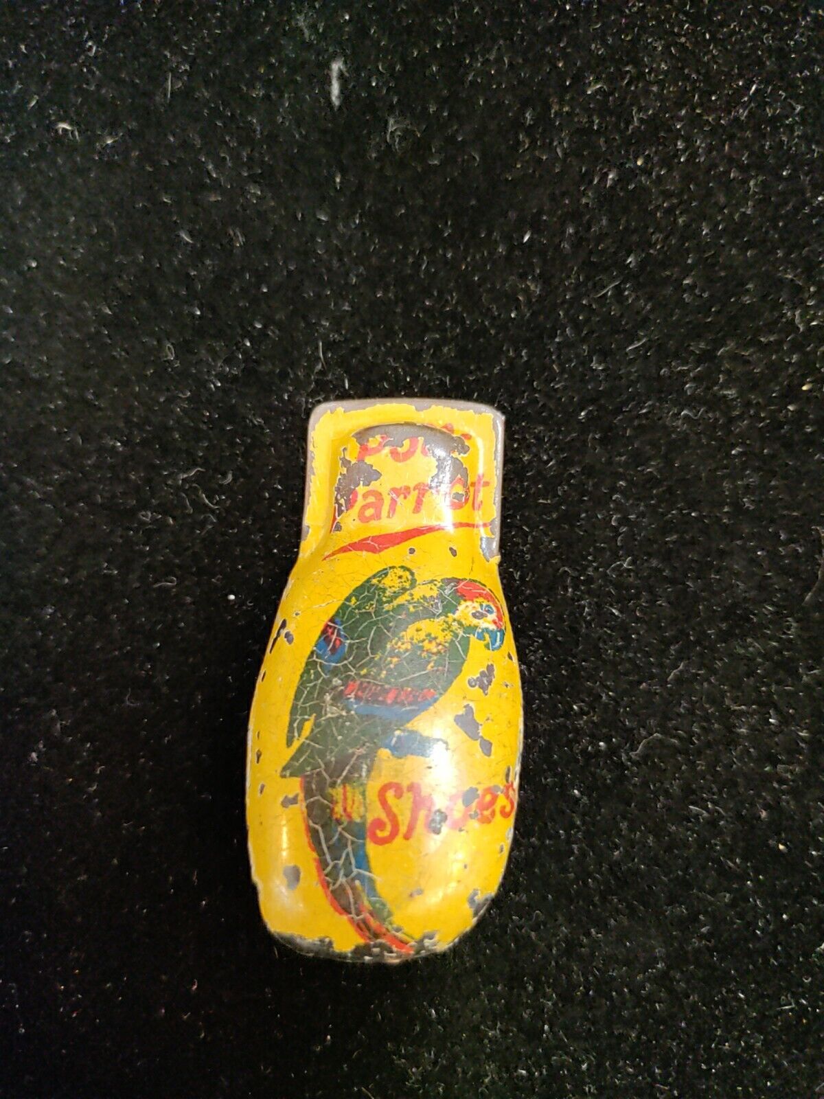 Antique Kirchhof tin toy clicker noisemaker advertising for Poll-Parrot Shoes 
