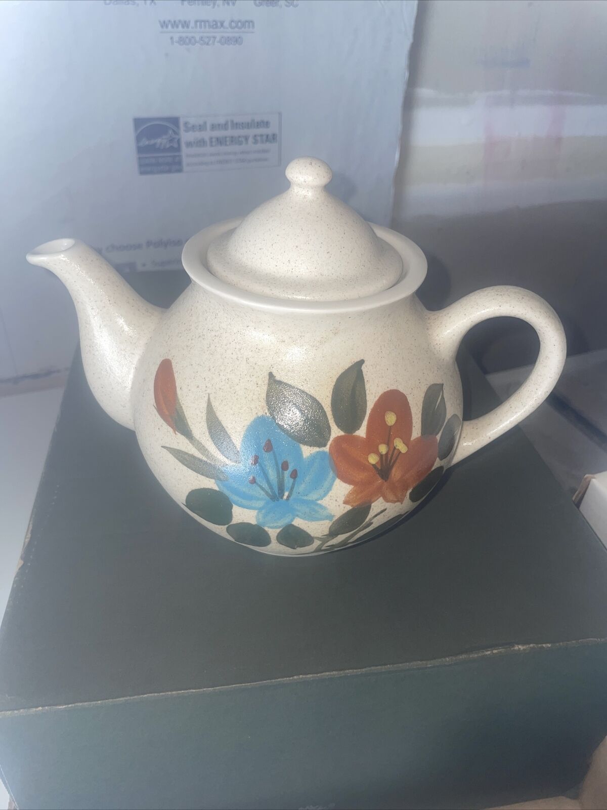 Vintage Brown Speckled Teapot  Floral With Lid