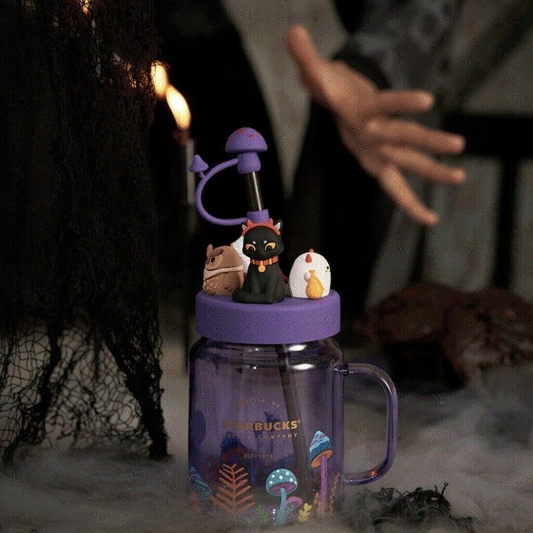 Starbucks Halloween Night Elf Purple Black Cat Glass Mason Cup Tumblers 570ml