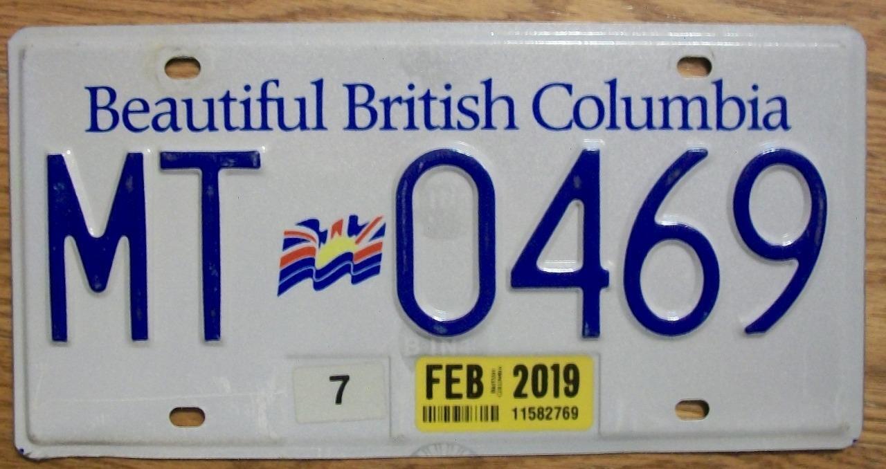 SINGLE BRITISH COLUMBIA, CANADA LICENSE PLATE - 2019 - MT 0469