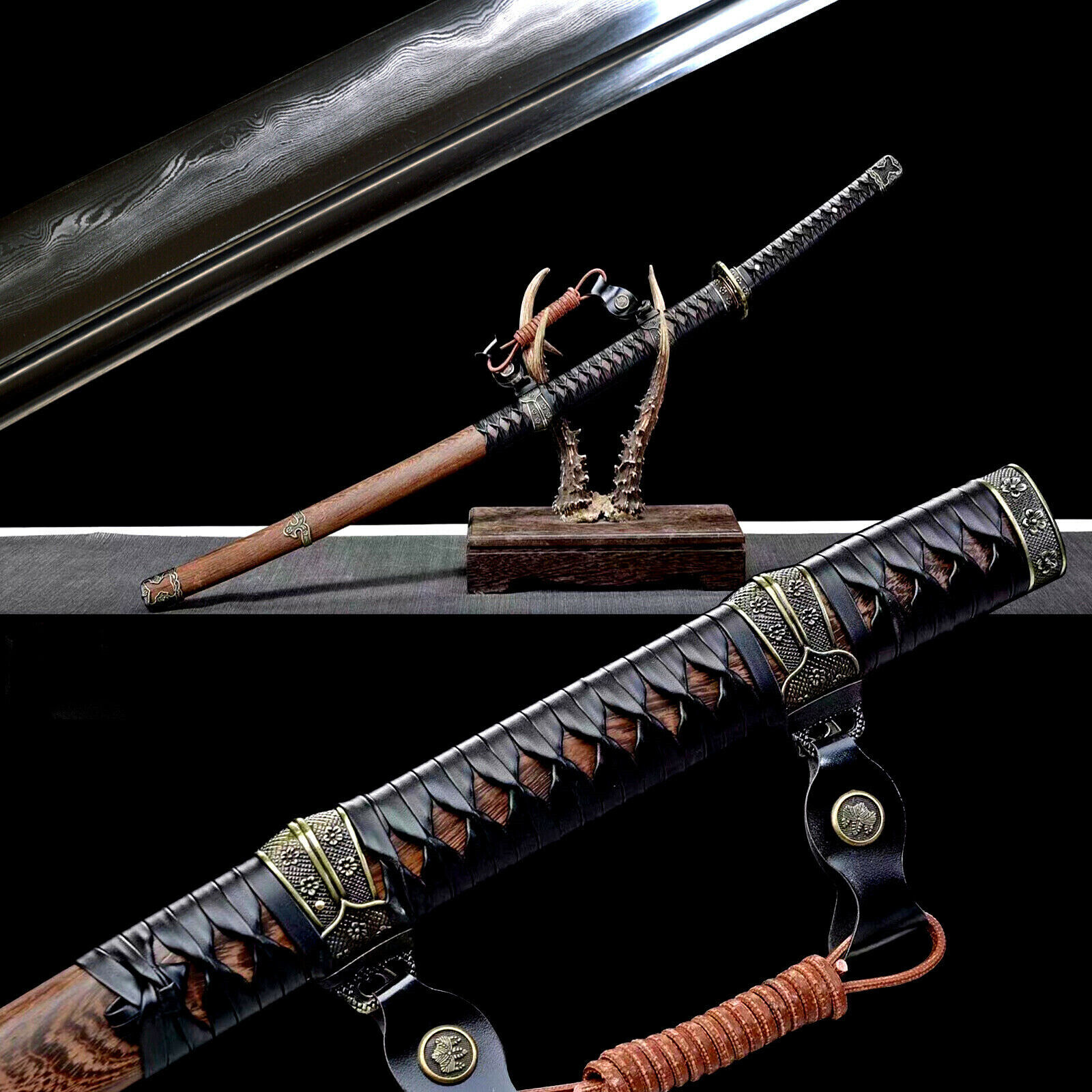 Tachi Clay Tempered Damascus Folded Steel Japanese Samurai Katana Sword Rosewood
